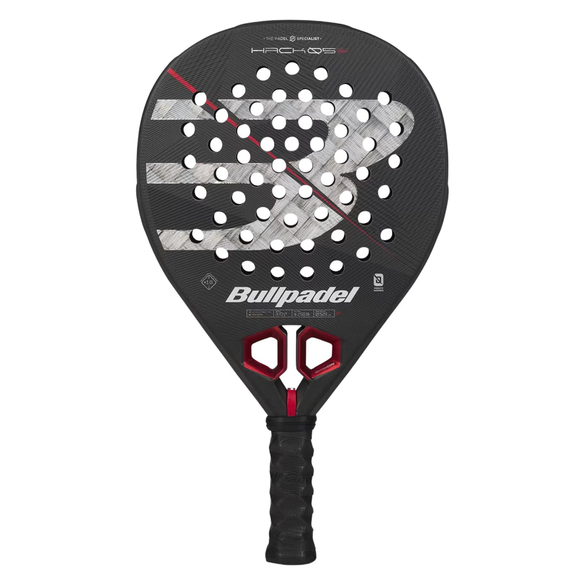 Bullpadel Hack 05 Hybrid 2027 Padel racket in black and red, front view