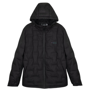 Nox Team men's quilted jacket in black, front studio view with hood up