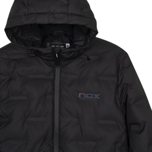 Nox Team quilted jacket, close-up of the iridescent Nox chest logo and hood