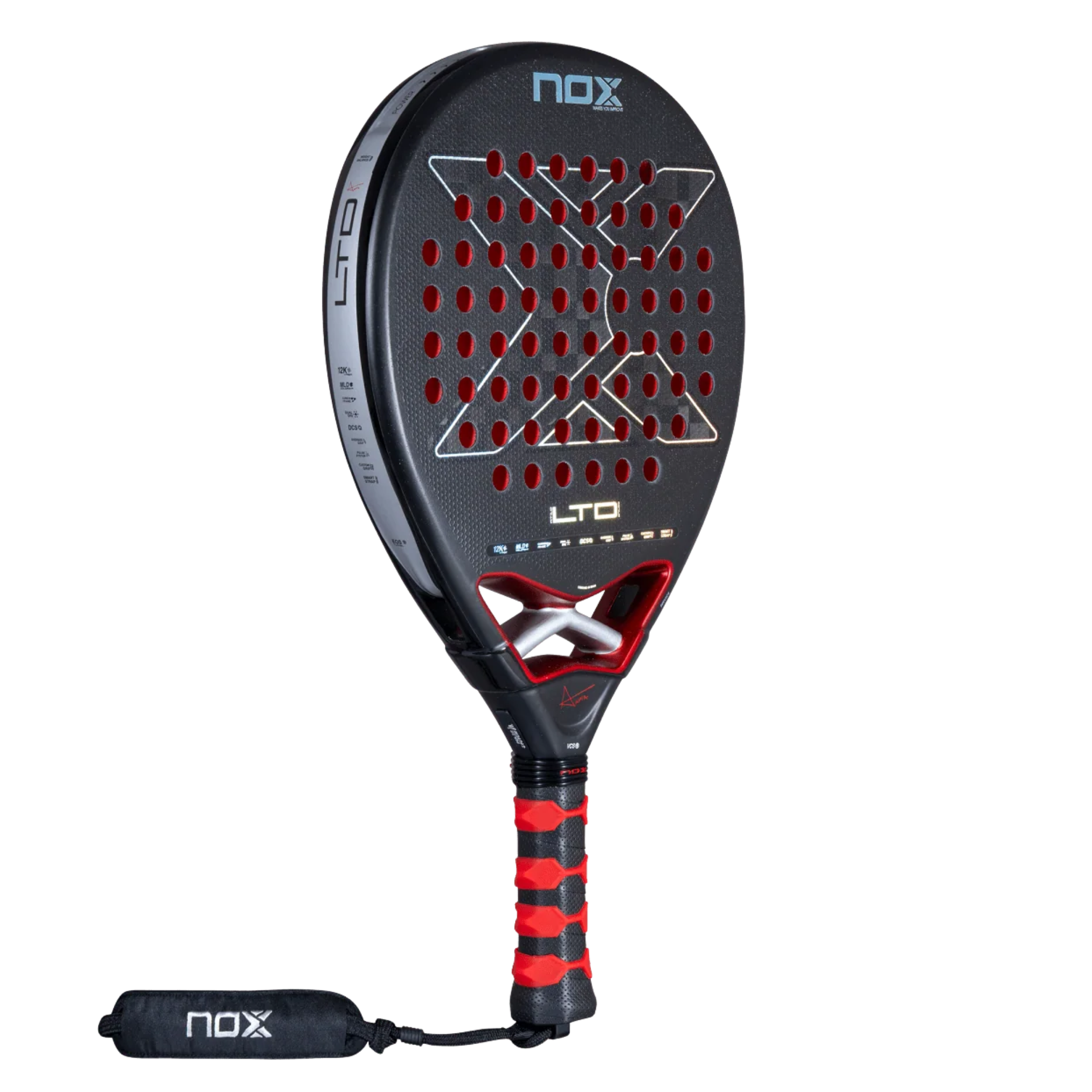 Nox AT10 Genius 12K Xtrem LTD racket with head cover, front angled view