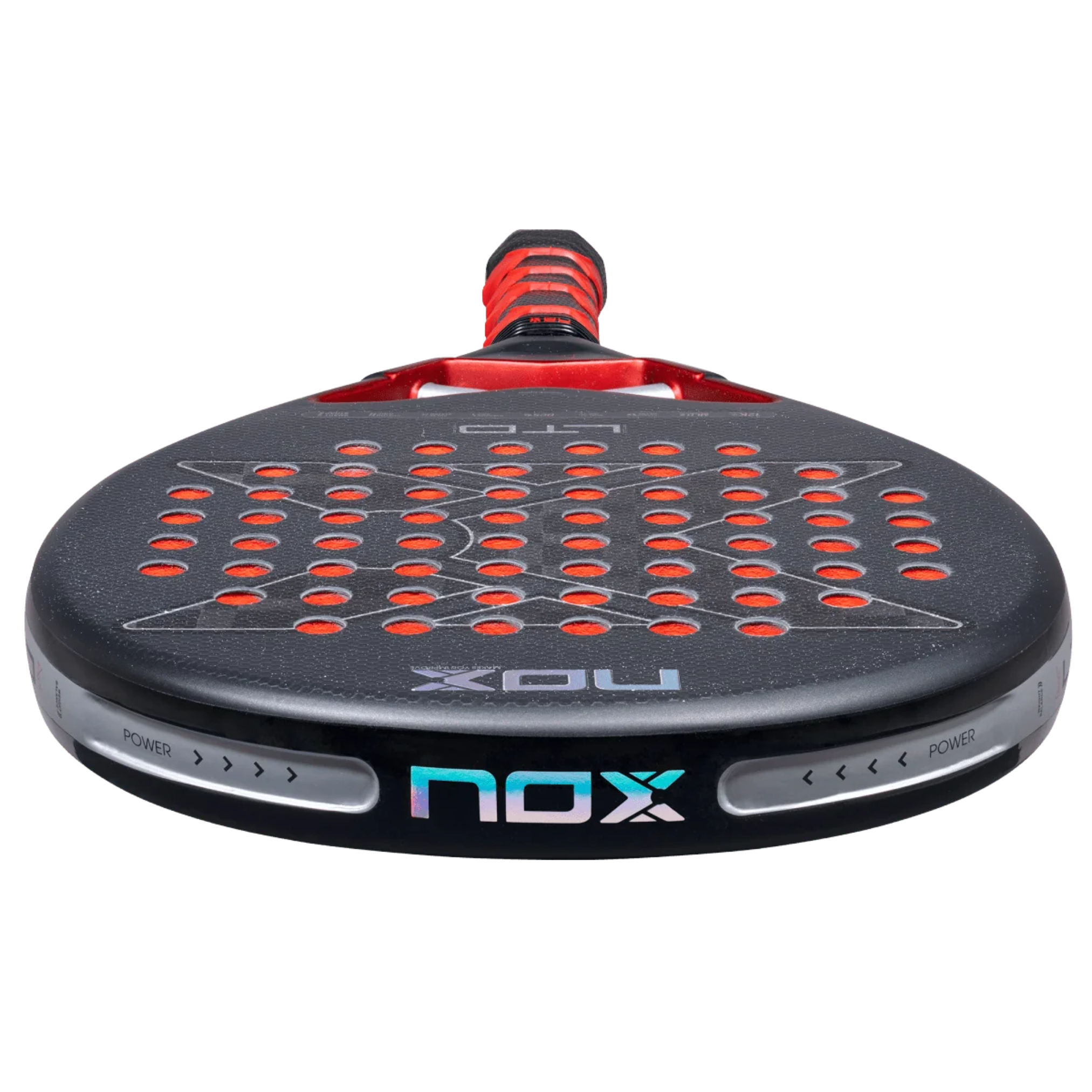 Nox AT10 Genius 12K Xtrem racket, head-on view down the frame