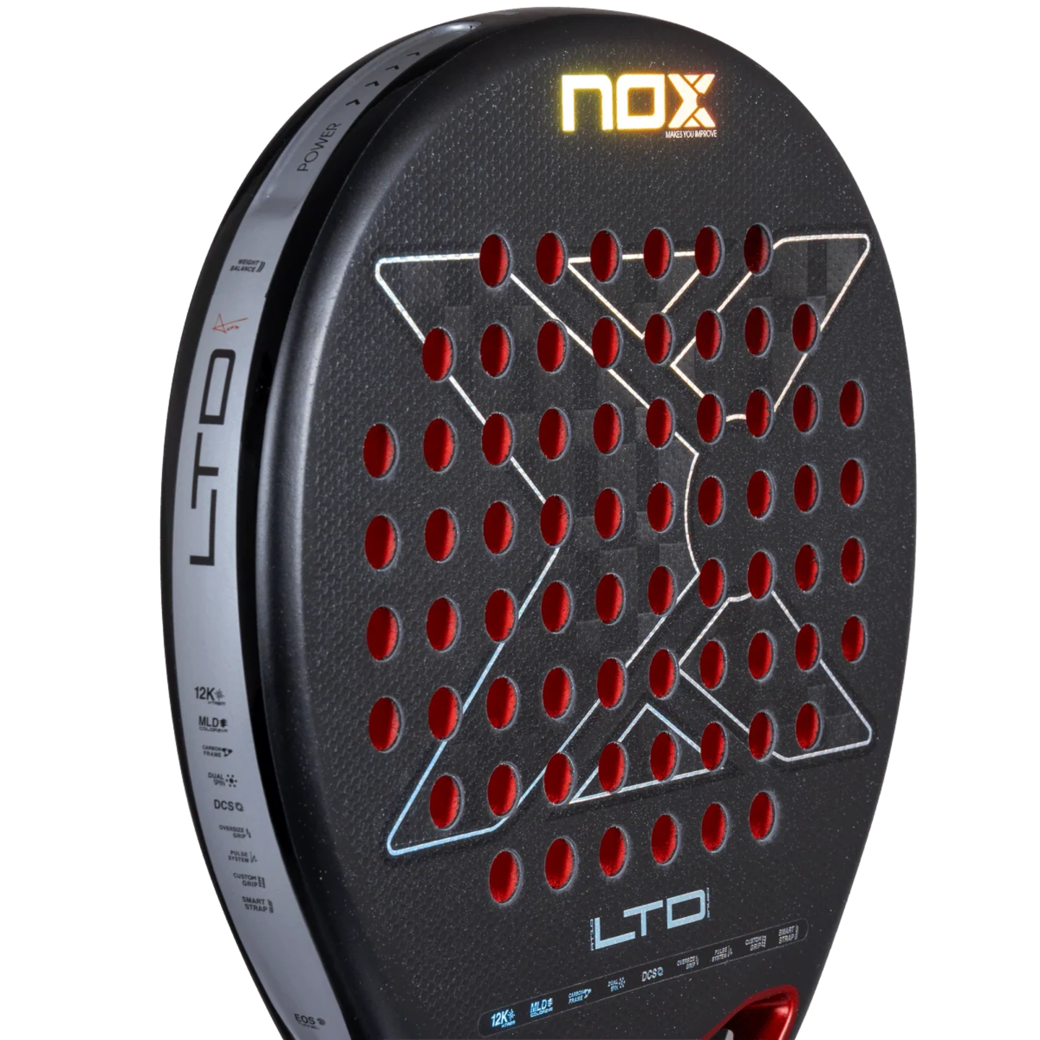 Nox AT10 Genius 12K Xtrem LTD racket, angled face view with Nox logo