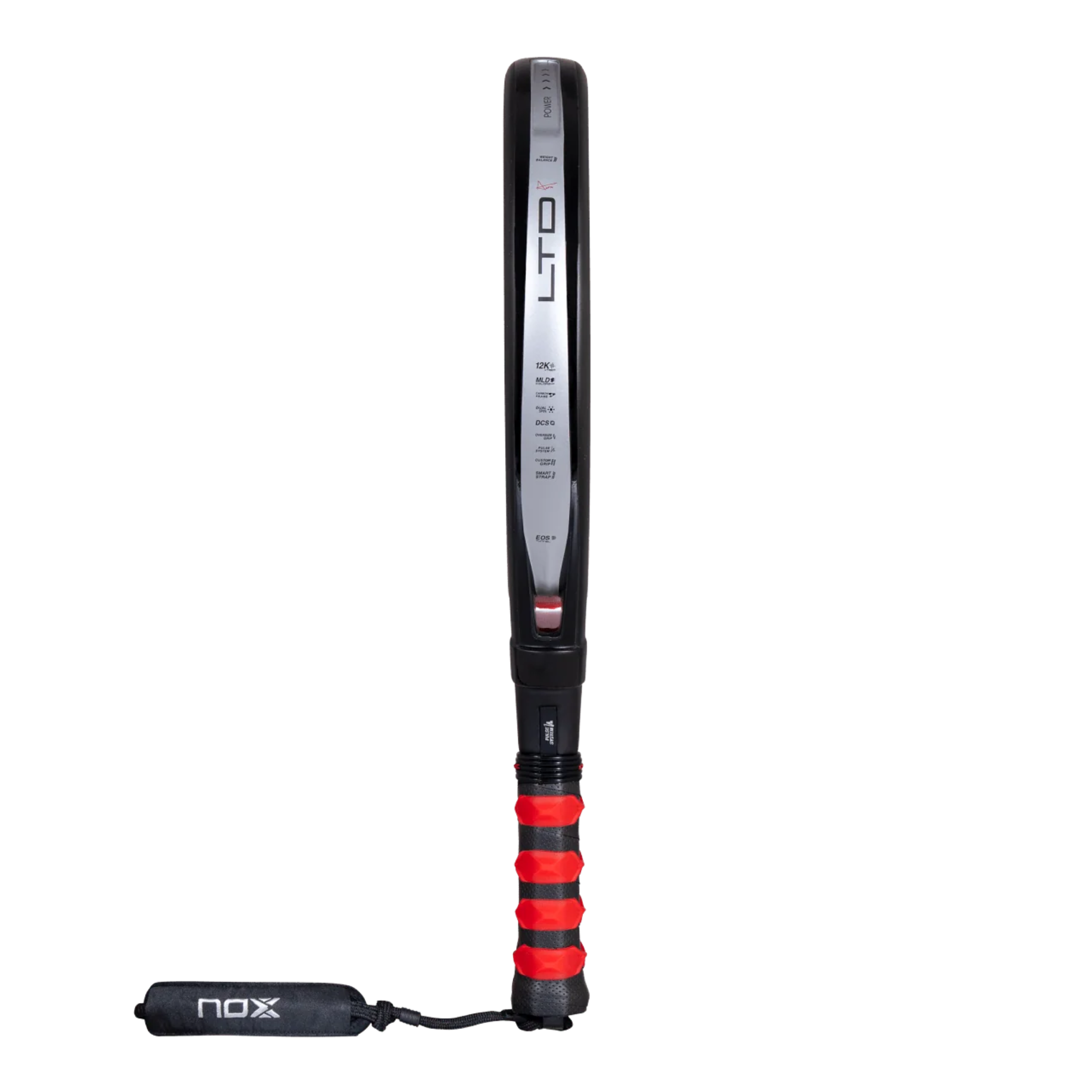 Nox AT10 Genius 12K Xtrem LTD racket, side profile with red grip