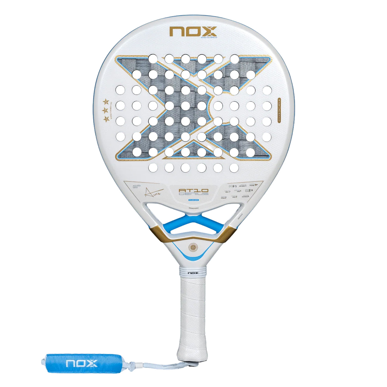 Nox AT10 Genius 18K Alum Buenos Aires edition padel racket, front face in white, light blue and gold