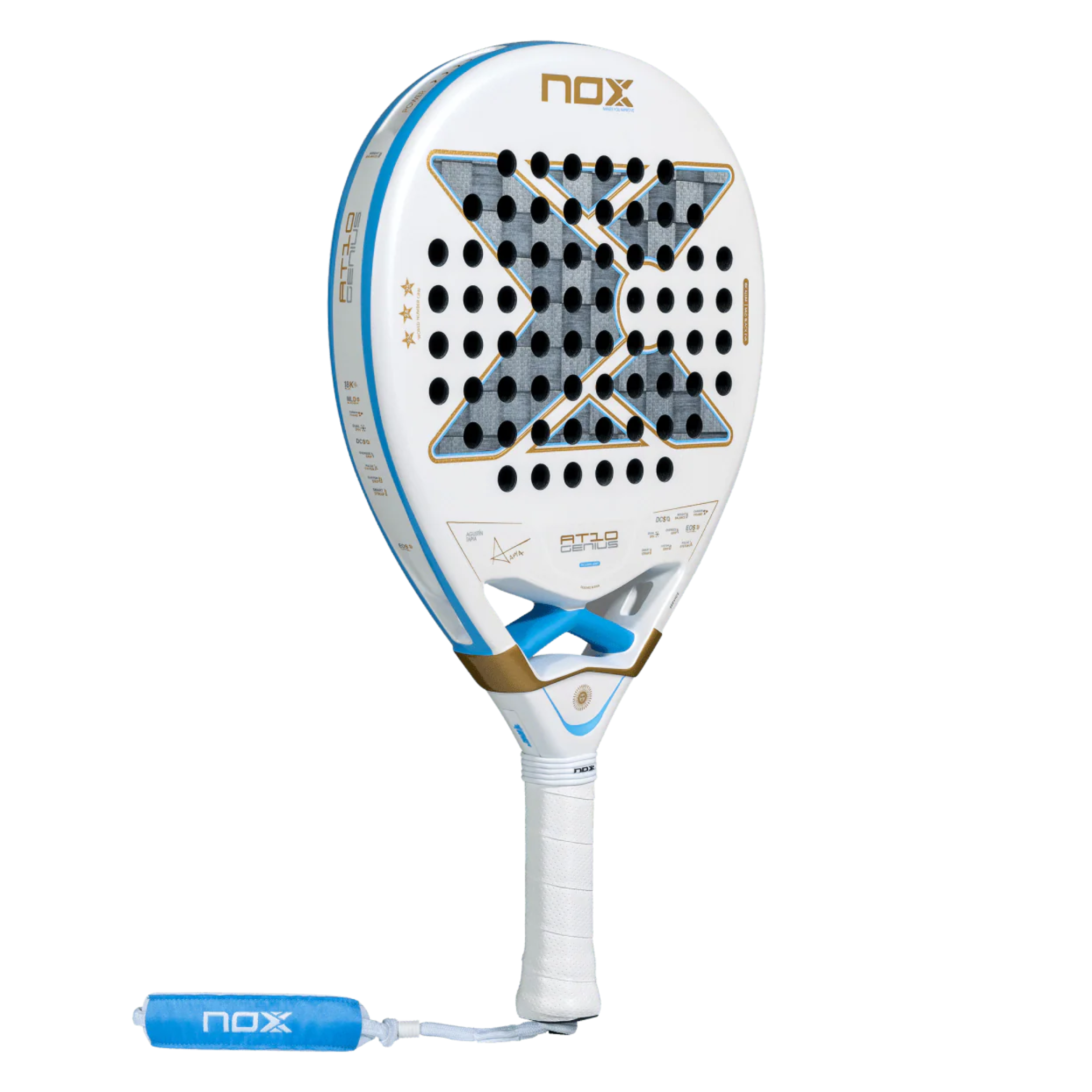 Nox AT10 Genius 18K Alum Buenos Aires racket with head cover, front angled view