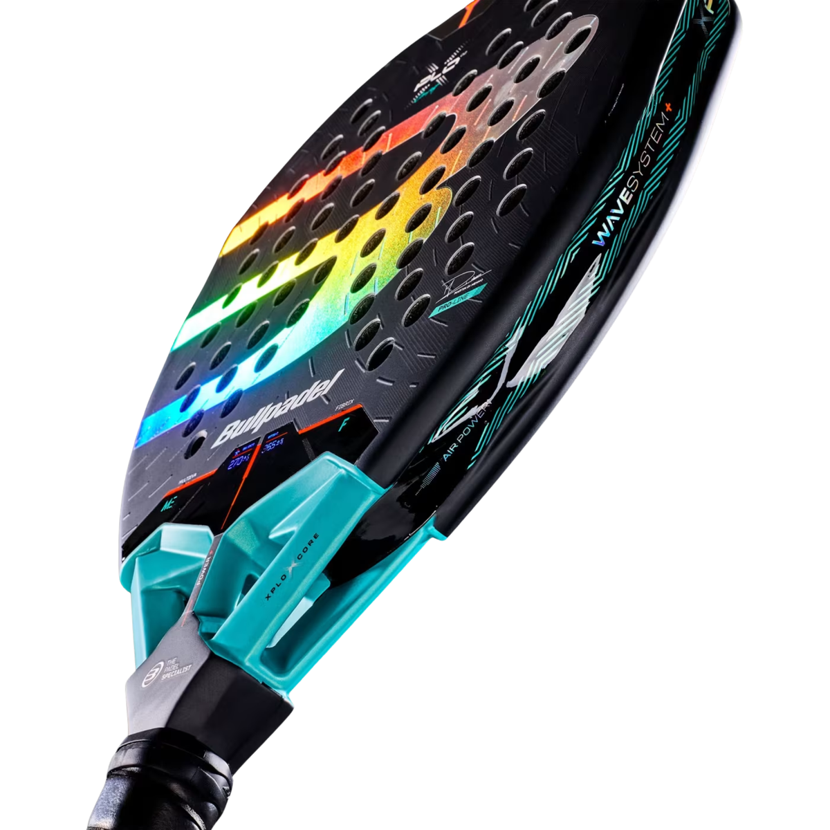 Bullpadel Xplo Comfort 2027, angled close-up of the face and heart
