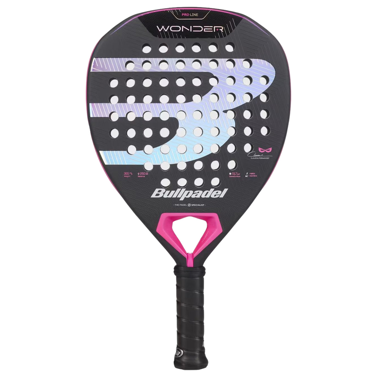 Bullpadel Wonder 2027 Padel racket in black and pink with an iridescent face, front view