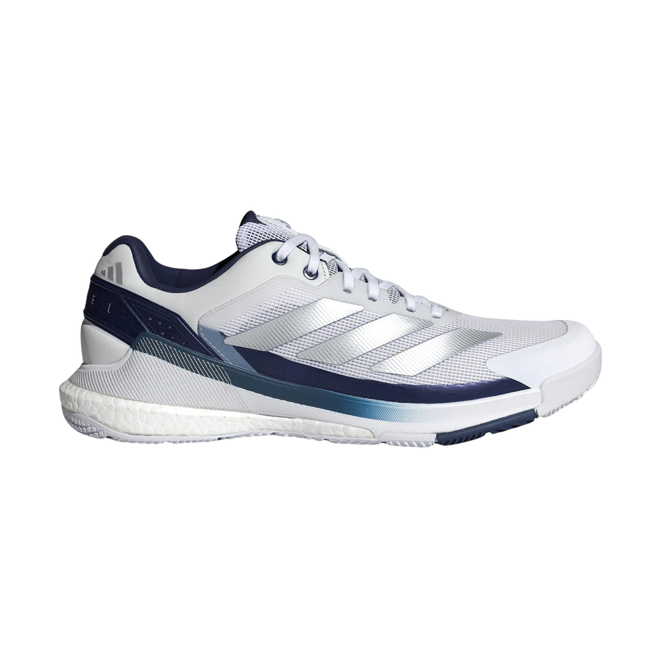 Adidas Crazyquick Boost padel shoe in Cloud White and Dark Blue, side profile
