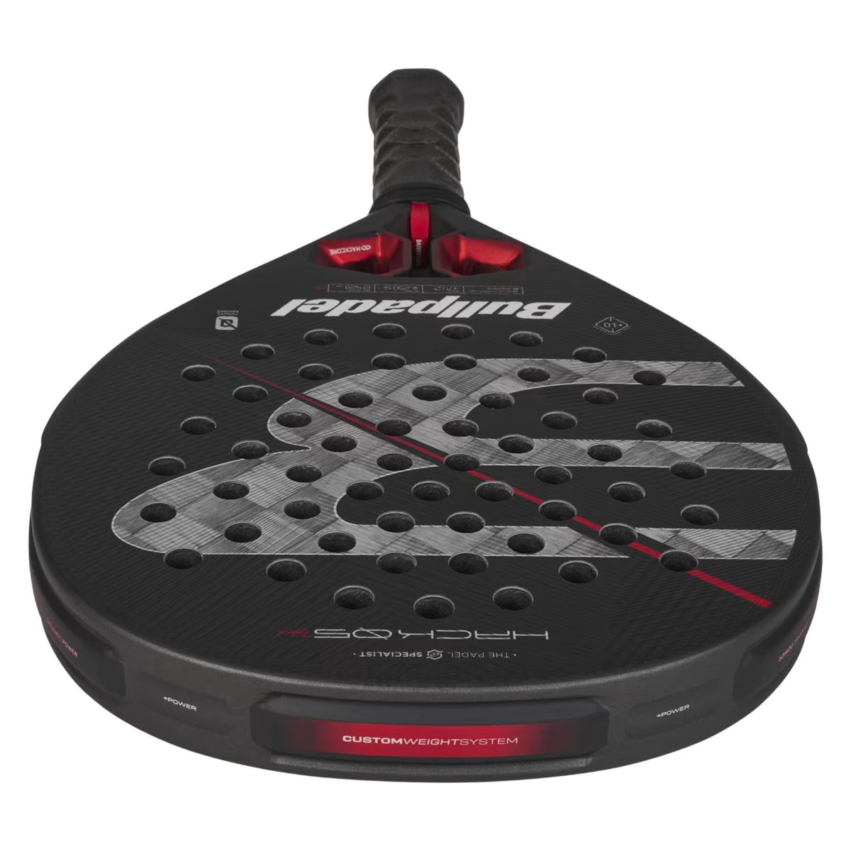 Bullpadel Hack 05 Hybrid 2027, rear view laid flat, showing the CustomWeight System slots