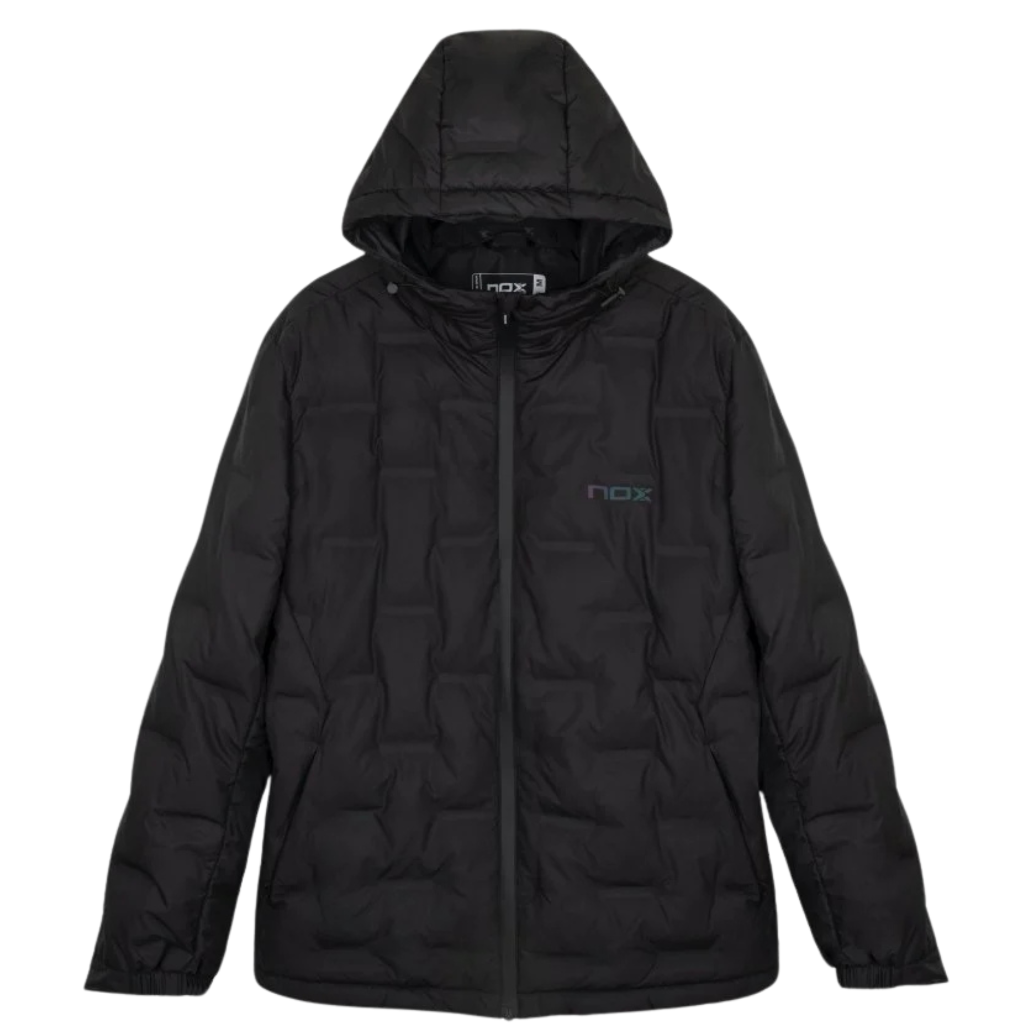 Nox Team men's quilted jacket in black, front studio view with hood up