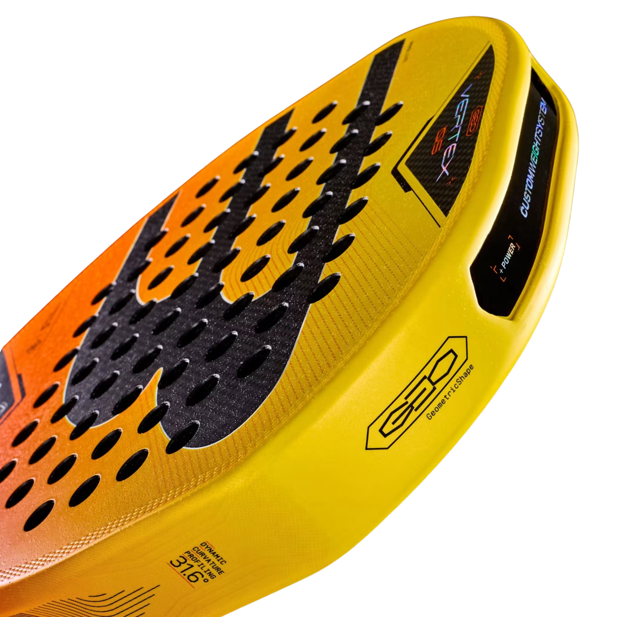 Bullpadel Vertex 05 Geo 2027, angled view of the geometric face and frame edge