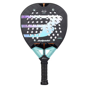 Bullpadel Xplo Comfort 2027 Padel racket in black and mint with an iridescent face, front view